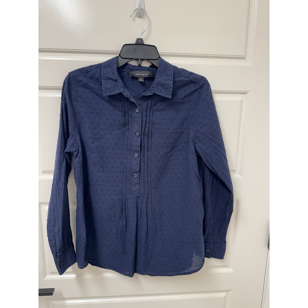 Larry Levine Tunic Top Navy Blue Clip Dot Half Button Blouse Womens Medium